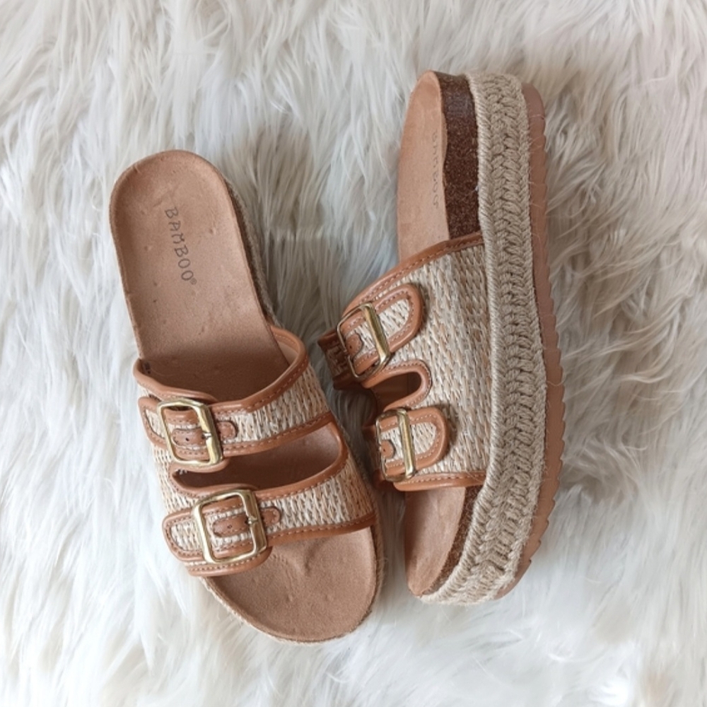 ↠ Bamboo Natural Cream & Tan Raffia Espadrille Platform Double Buckle Sandals - Picture 3 of 7